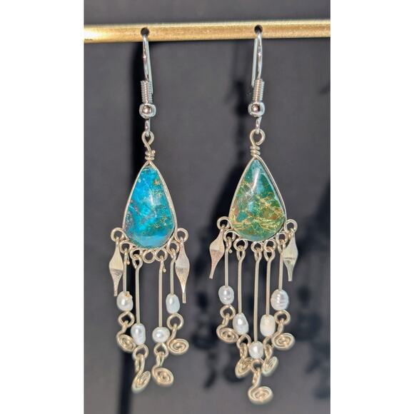 Sterling Pearl Turquoise Dangle Earrings Missing Middle Rod & Pearl - Picture 1 of 5